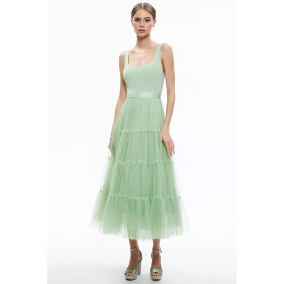Alice + Olivia Chara Pistachio Green Tulle Midi Dress 8 - Picture 5 of 16